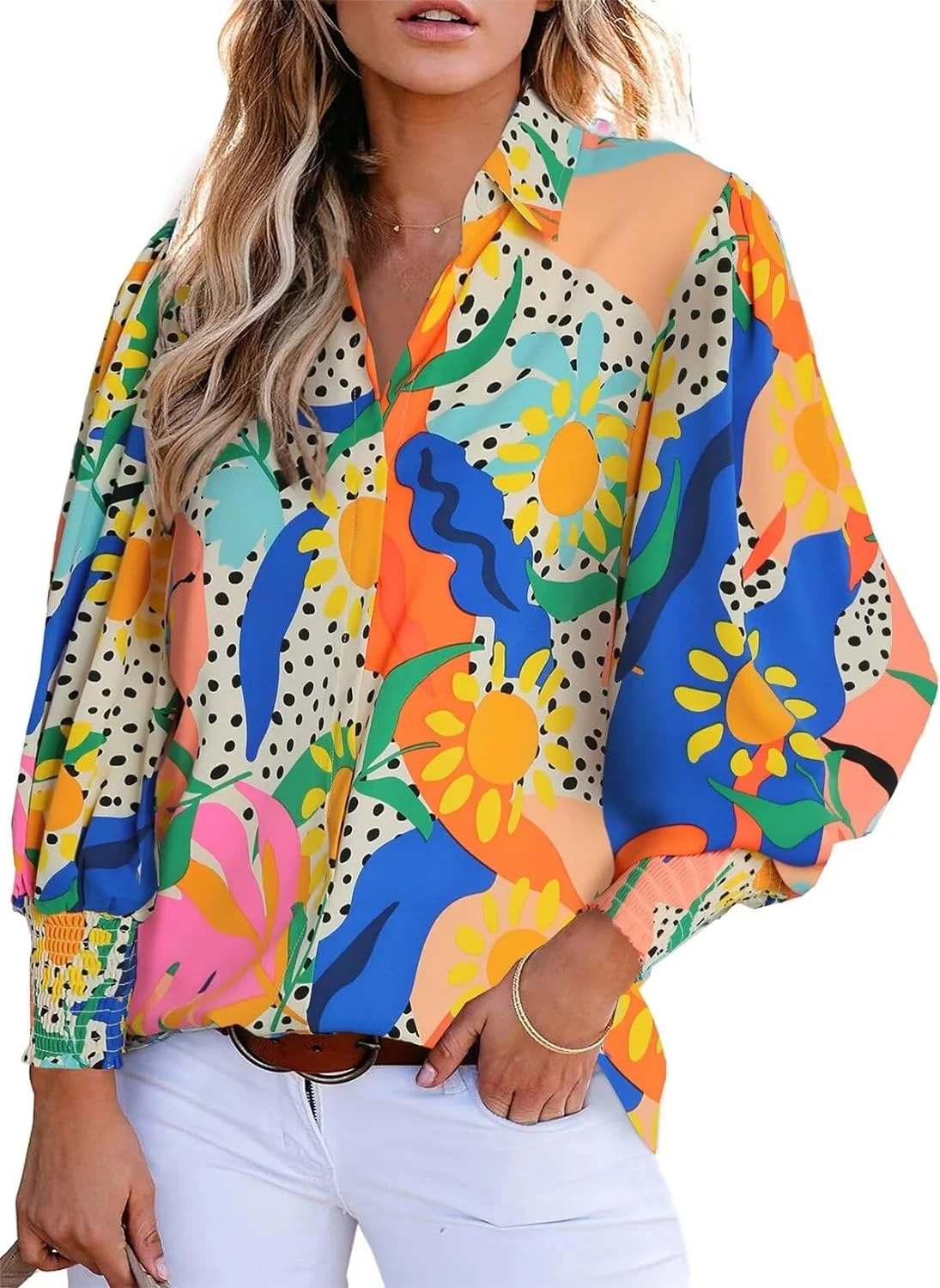 Women's Loose V-Neck Paisley Print Lantern Sleeve Blouse Top