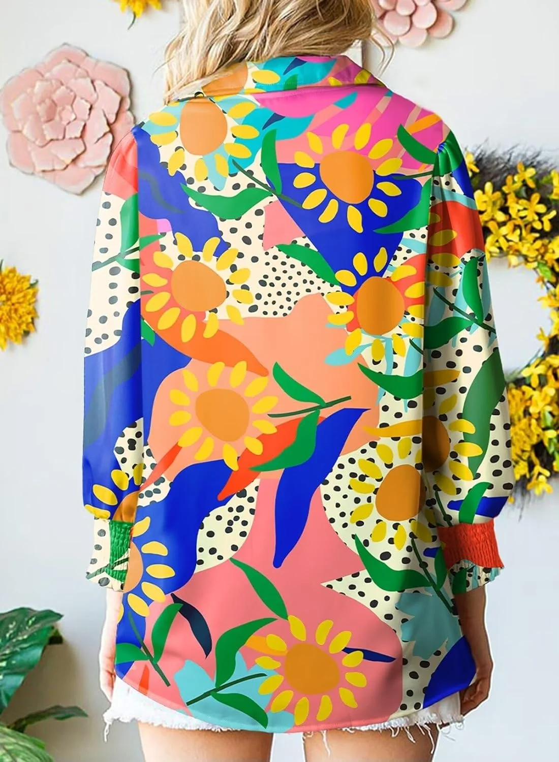 Women's Loose V-Neck Paisley Print Lantern Sleeve Blouse Top