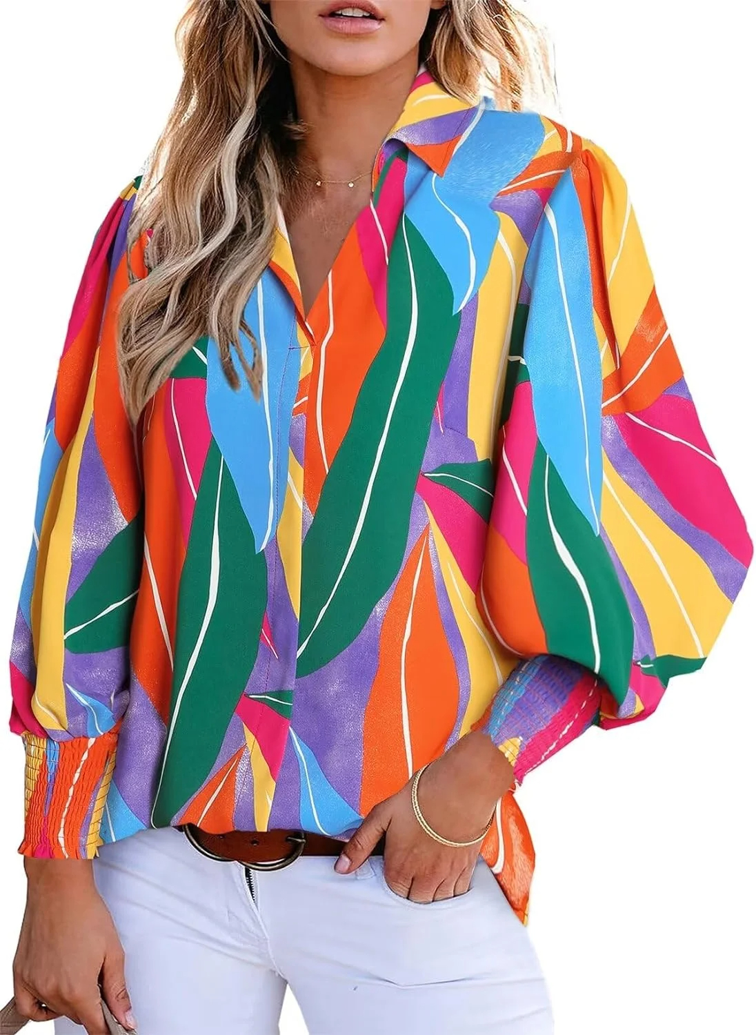 Women's Loose V-Neck Paisley Print Lantern Sleeve Blouse Top