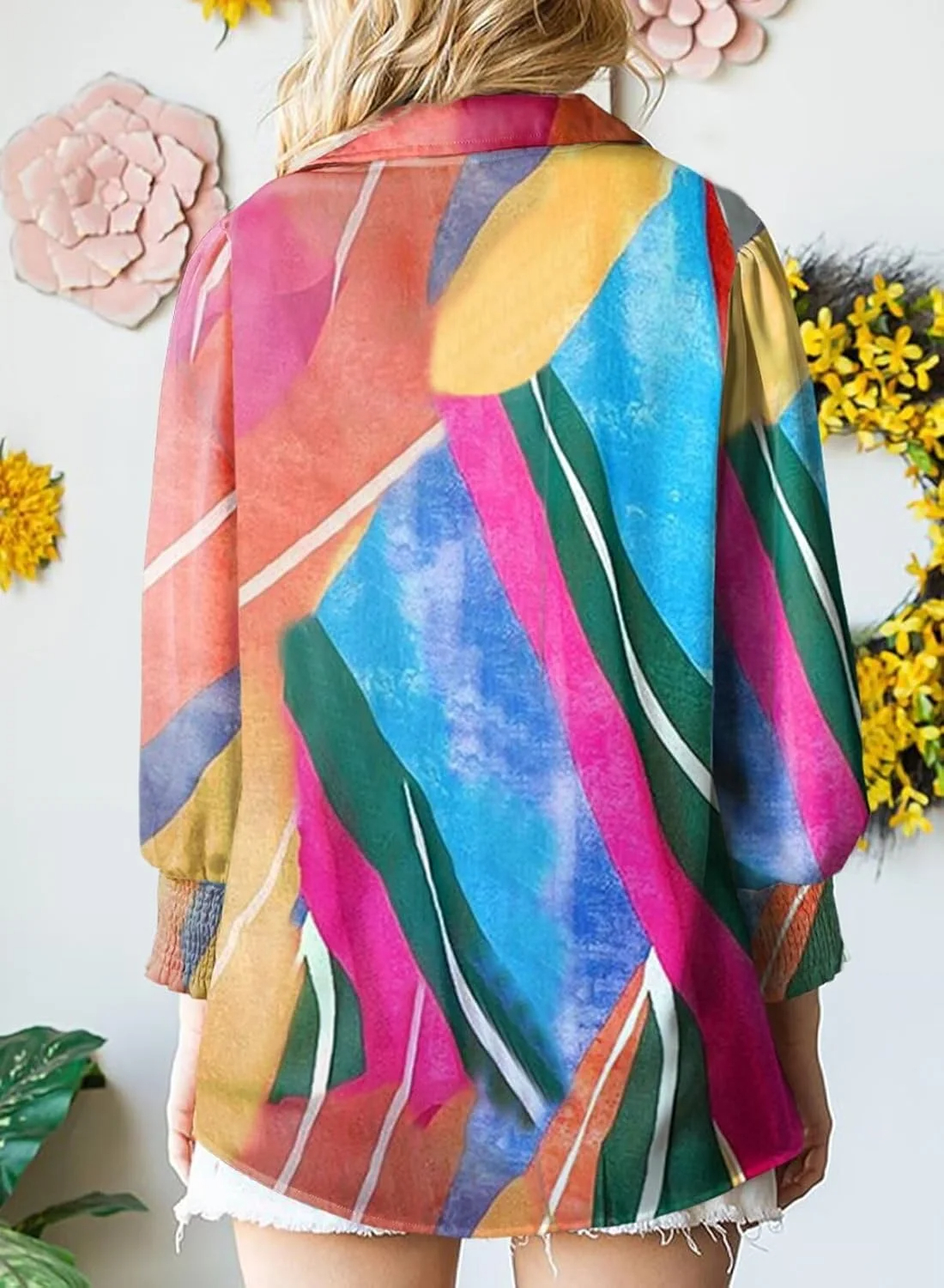 Women's Loose V-Neck Paisley Print Lantern Sleeve Blouse Top