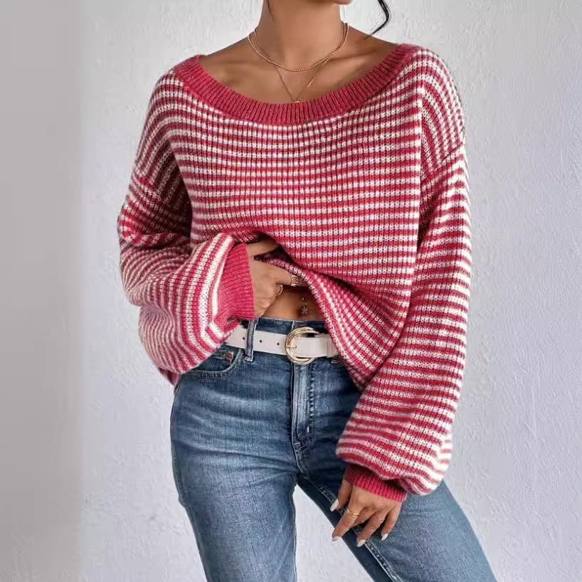 Striped Balloon Sleeve Pullover Sweater (Buy 2 Free Shipping)