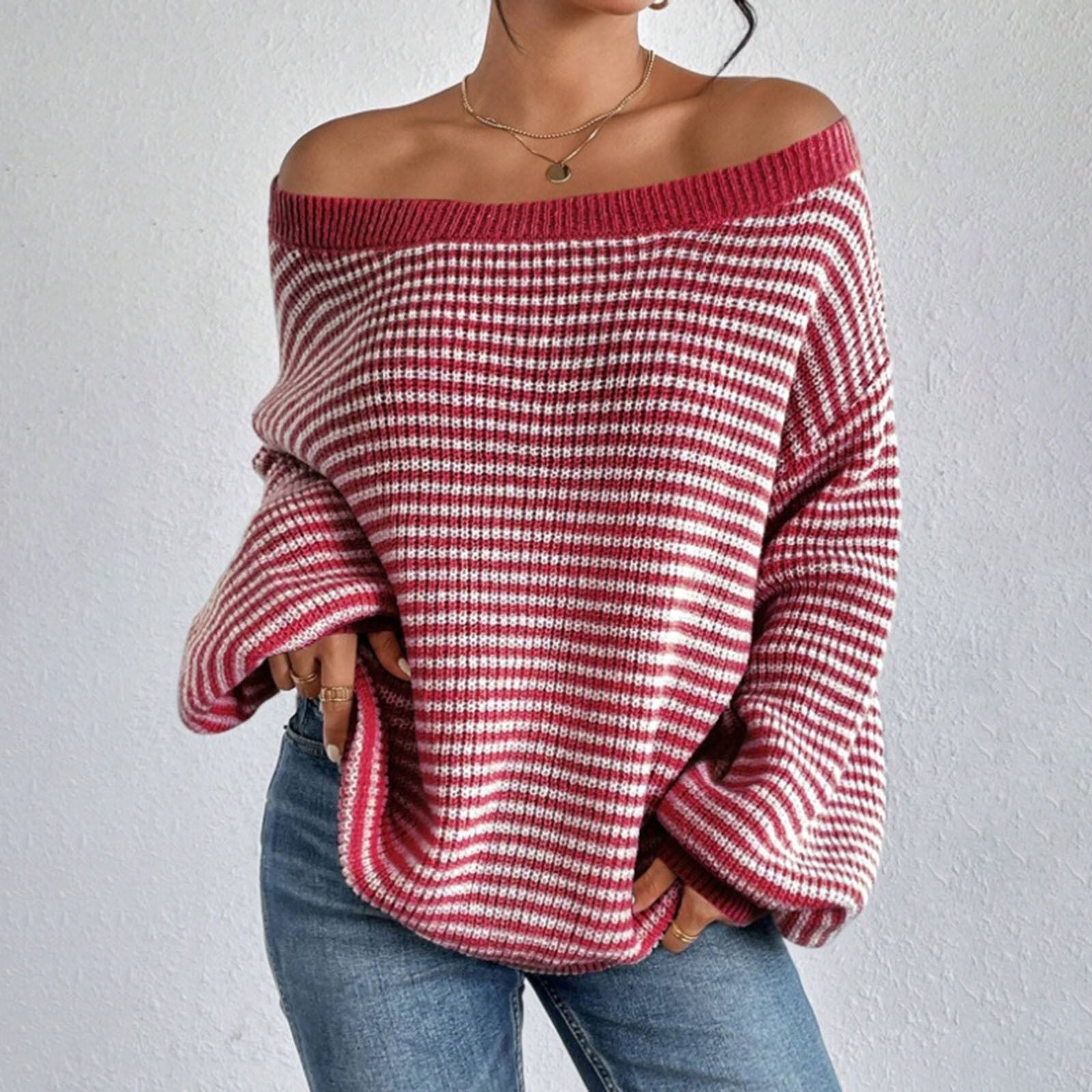 Striped Balloon Sleeve Pullover Sweater (Buy 2 Free Shipping)