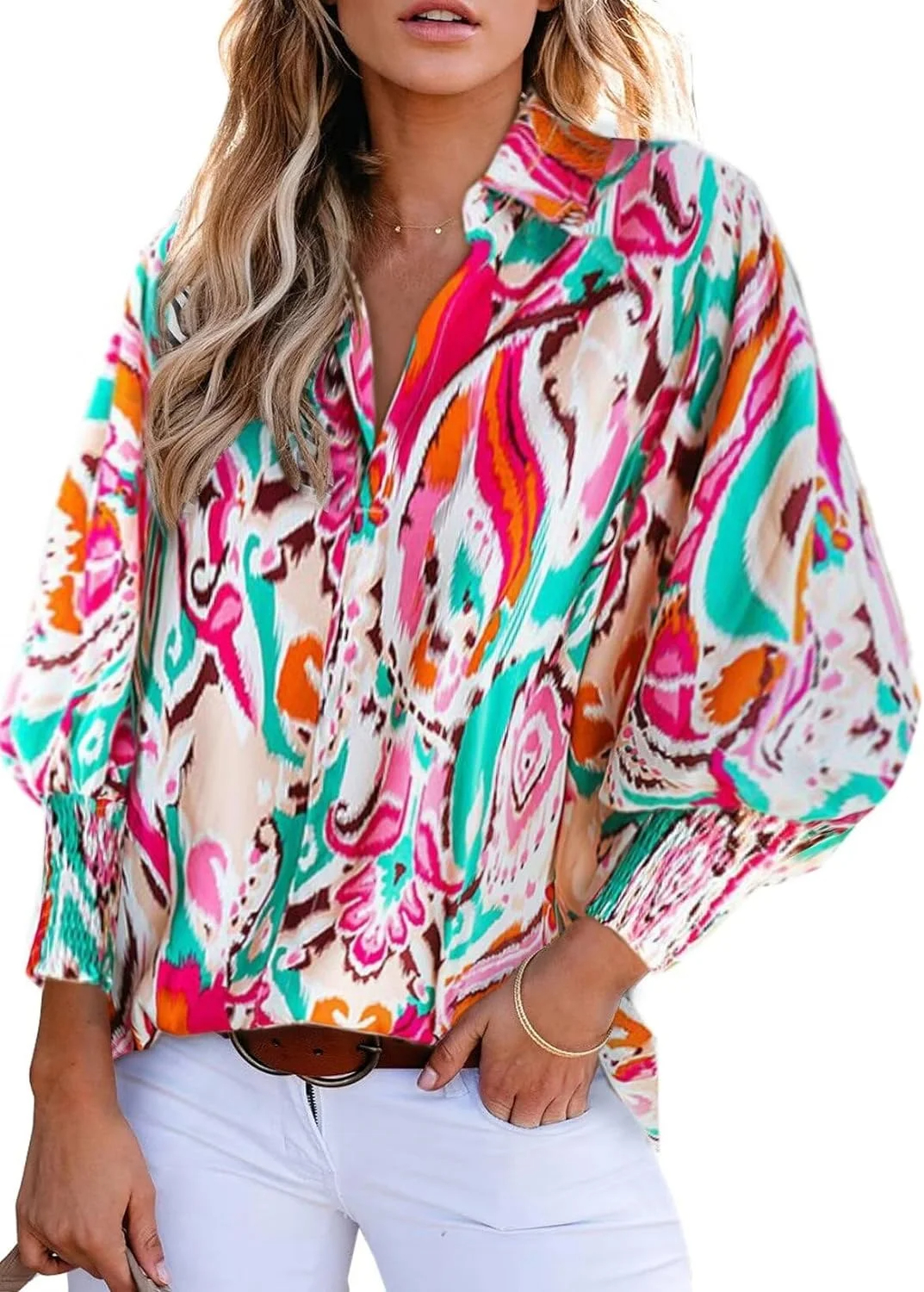 Women's Loose V-Neck Paisley Print Lantern Sleeve Blouse Top