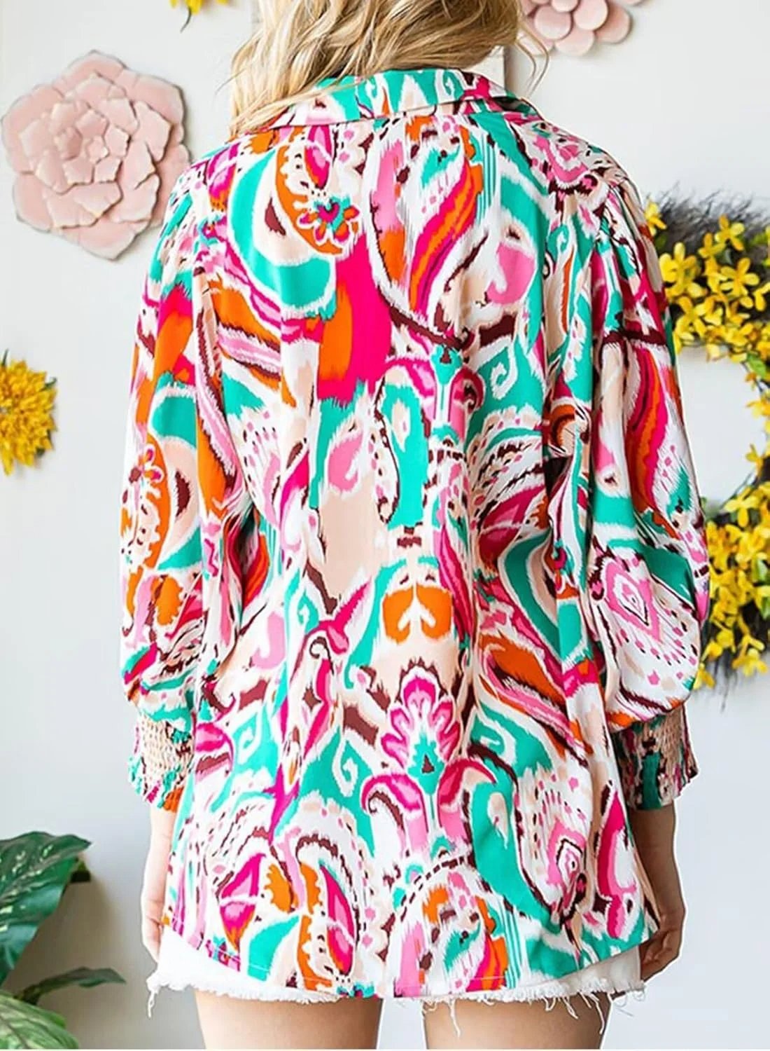 Women's Loose V-Neck Paisley Print Lantern Sleeve Blouse Top