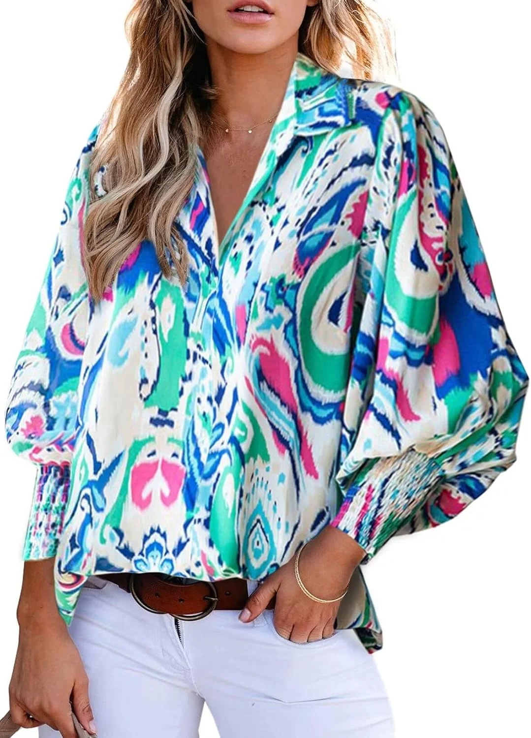 Women's Loose V-Neck Paisley Print Lantern Sleeve Blouse Top