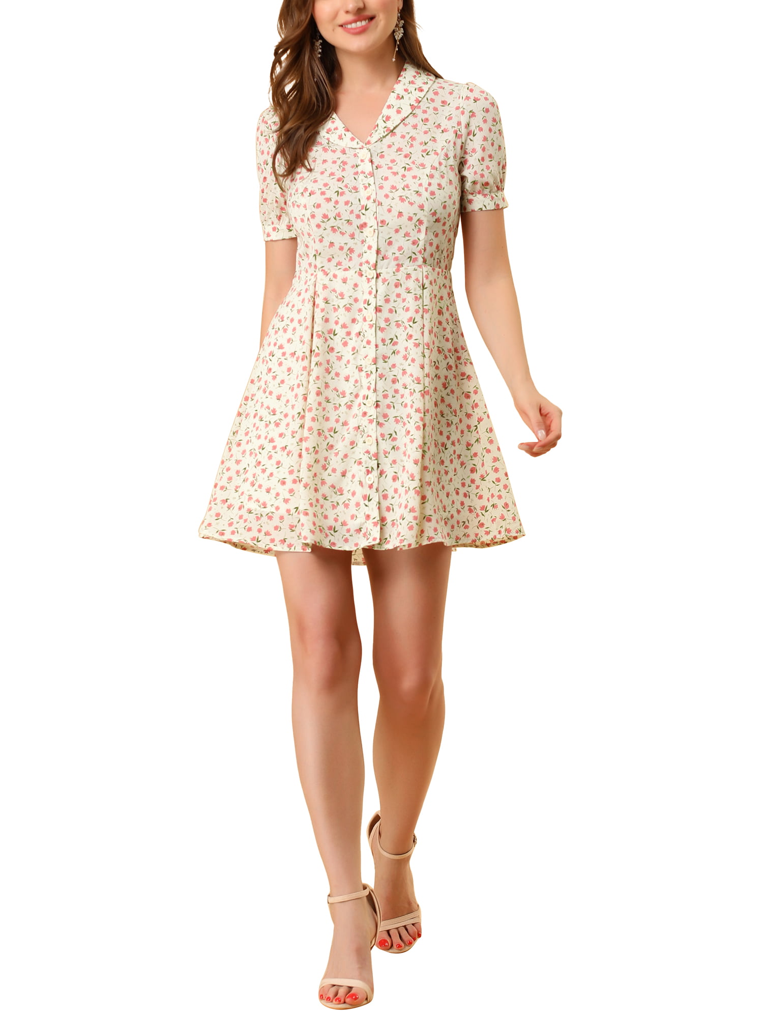 Women's Floral Print Short Sleeve Above Knee Shirt Dress