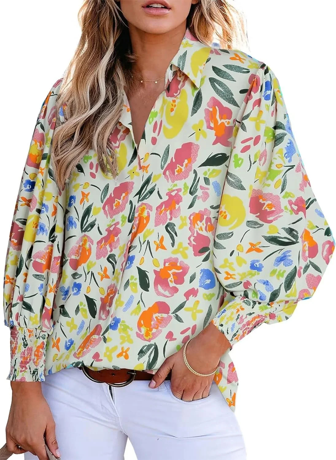 Women's Loose V-Neck Paisley Print Lantern Sleeve Blouse Top