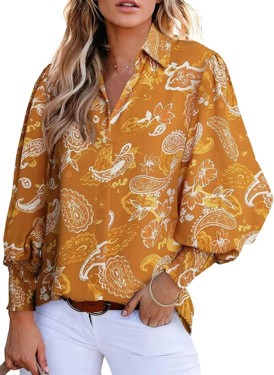 Women's Loose V-Neck Paisley Print Lantern Sleeve Blouse Top