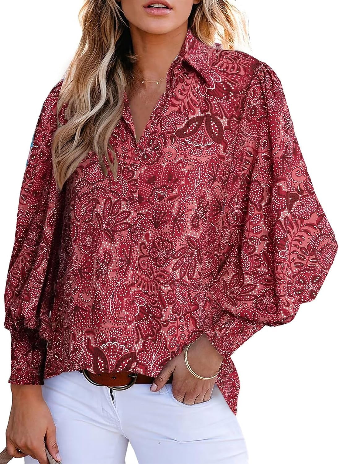 Women's Loose V-Neck Paisley Print Lantern Sleeve Blouse Top