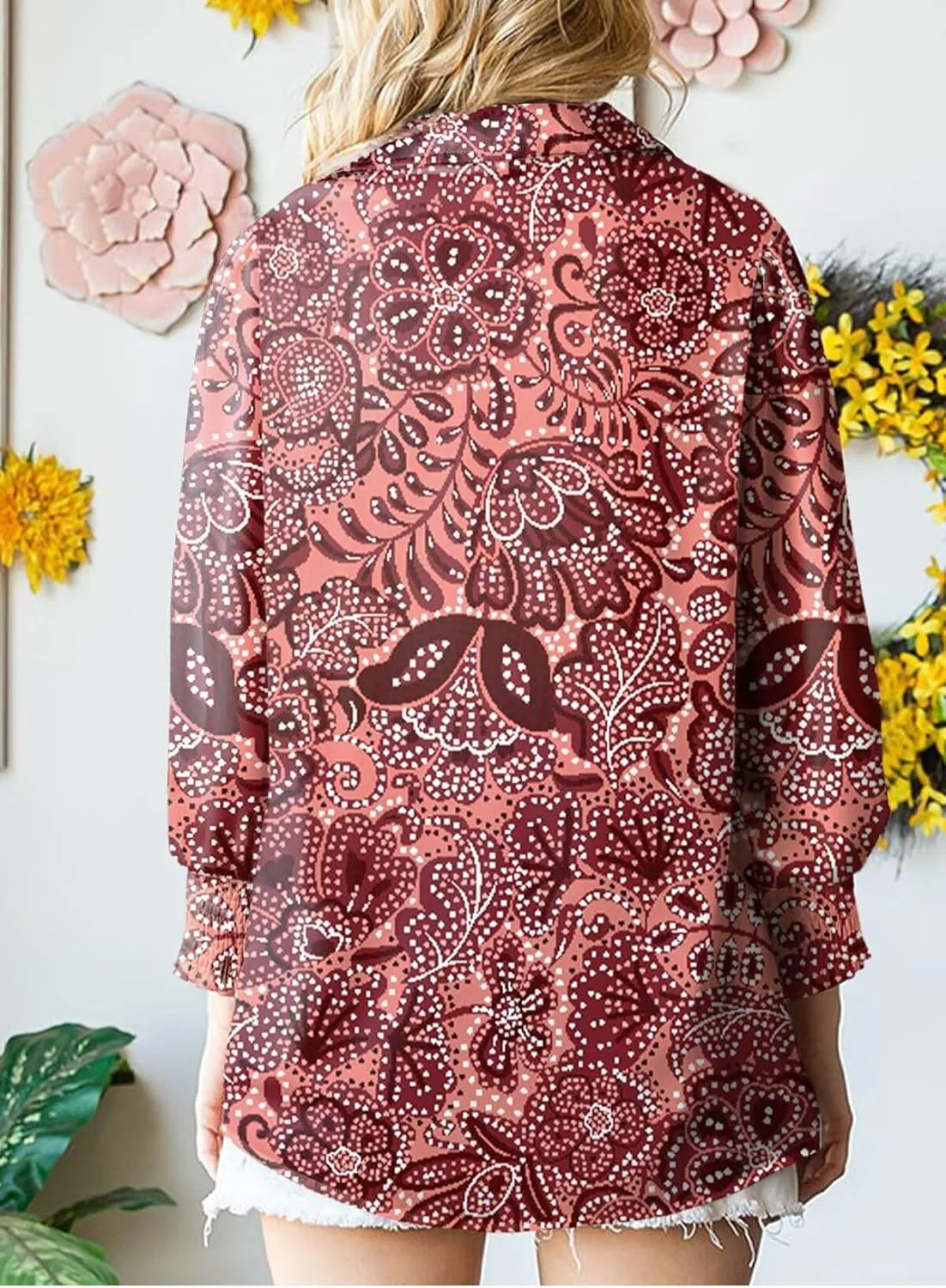 Women's Loose V-Neck Paisley Print Lantern Sleeve Blouse Top