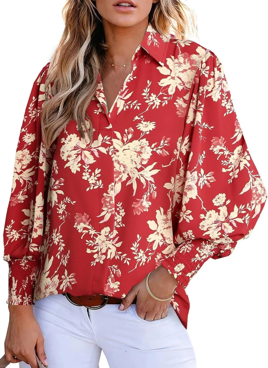 Women's Loose V-Neck Paisley Print Lantern Sleeve Blouse Top