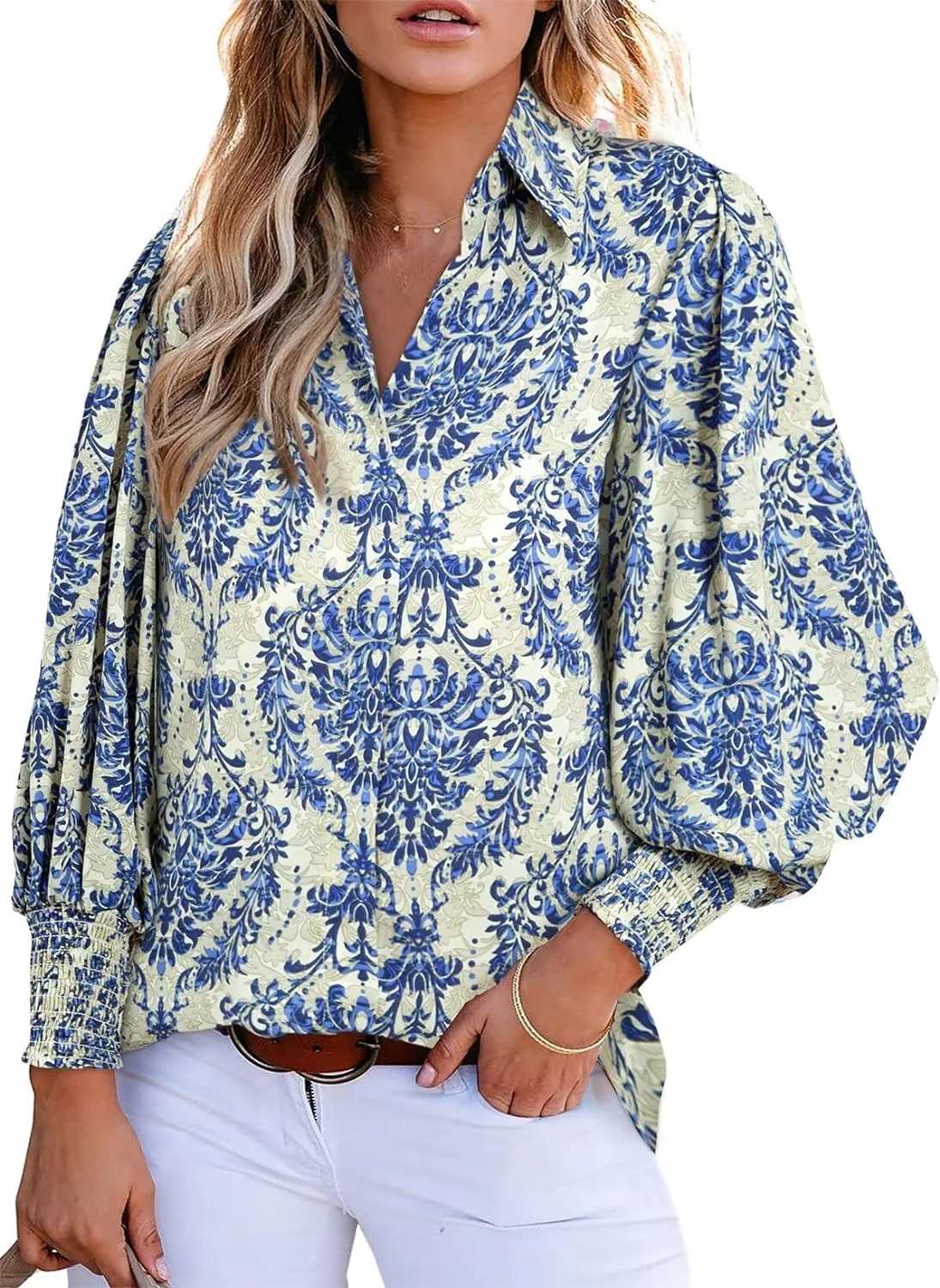 Women's Loose V-Neck Paisley Print Lantern Sleeve Blouse Top