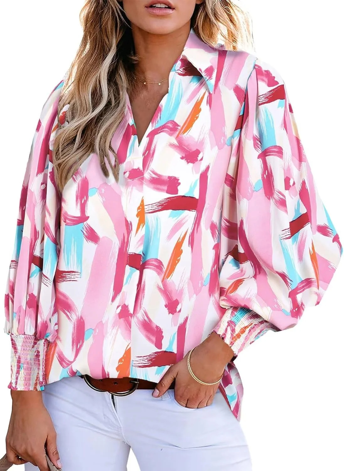 Women's Loose V-Neck Paisley Print Lantern Sleeve Blouse Top