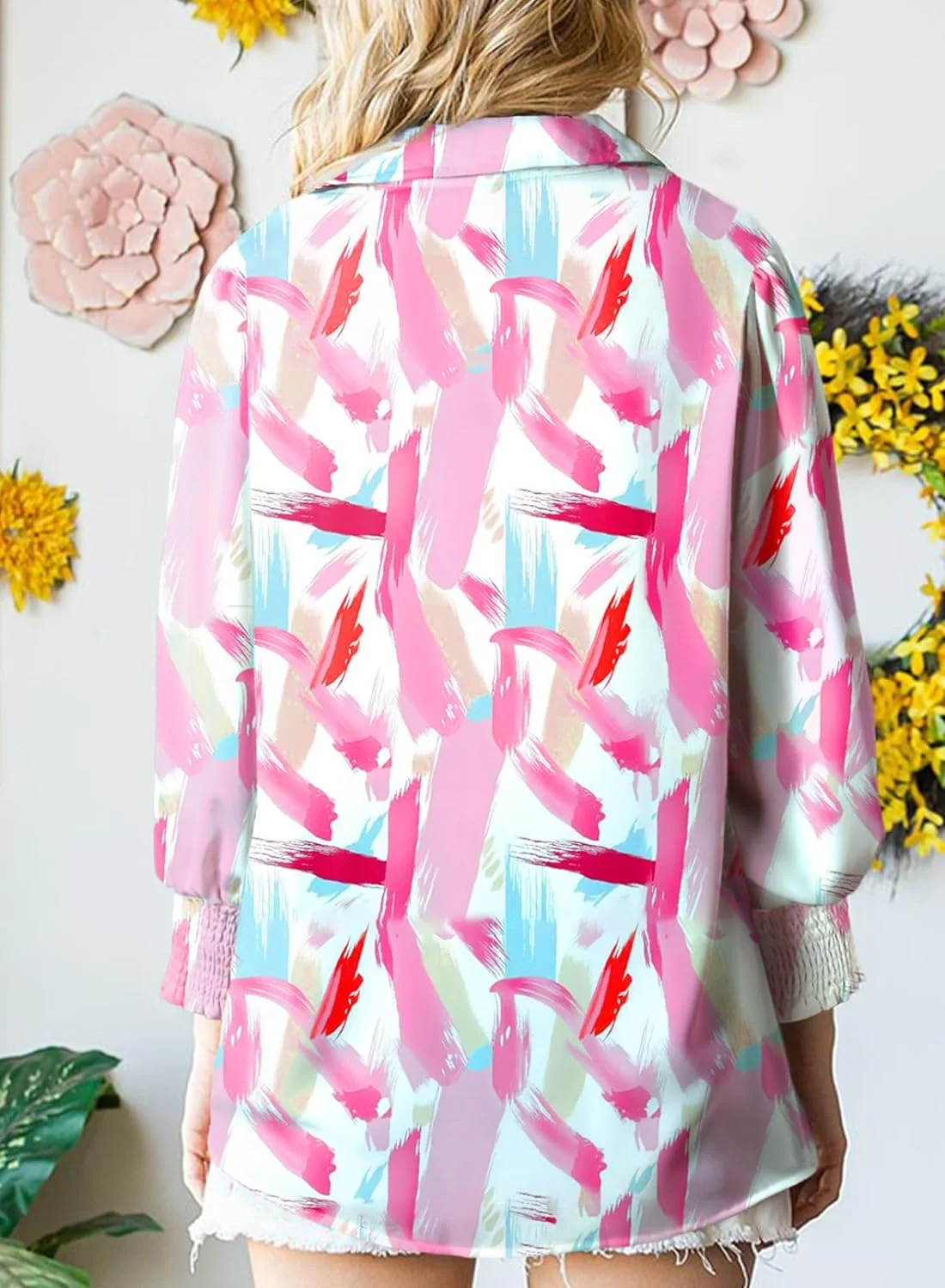 Women's Loose V-Neck Paisley Print Lantern Sleeve Blouse Top