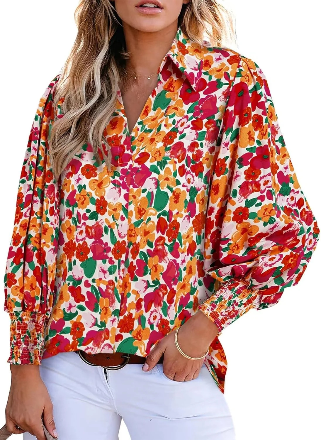 Women's Loose V-Neck Paisley Print Lantern Sleeve Blouse Top