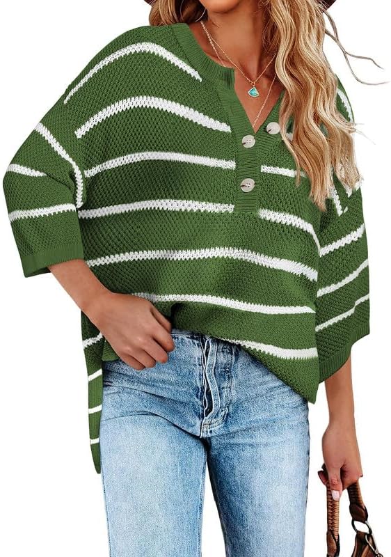 Women's Striped Button Down V Neck 3/4 Sleeve Lightweight Knit Pullover