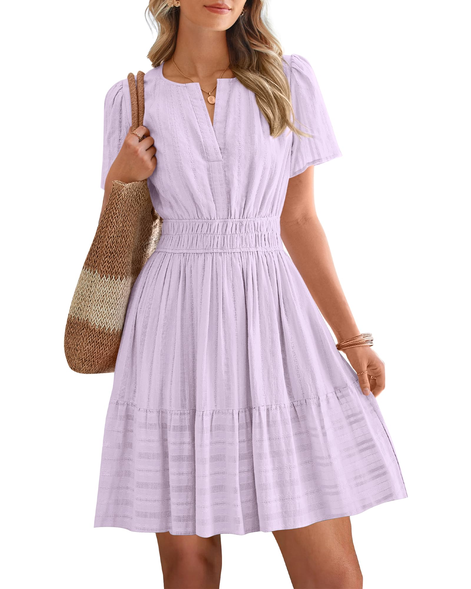 Women's Lightweight Short Sleeve V Neck Elastic Waist Mini Dress 