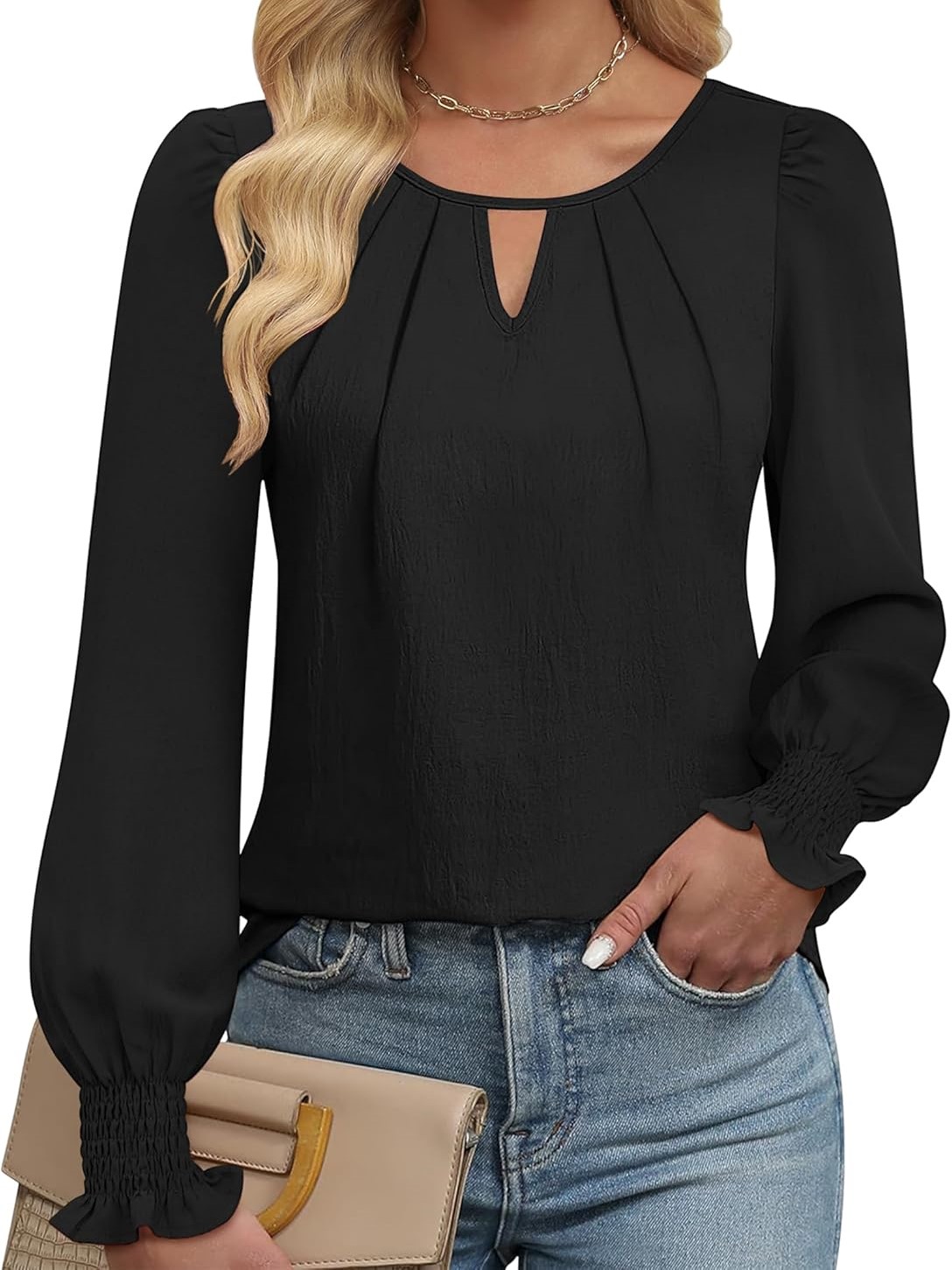 Women's Long Sleeve Dressy Casual Keyhole Hollow Pleated Shirt Tops