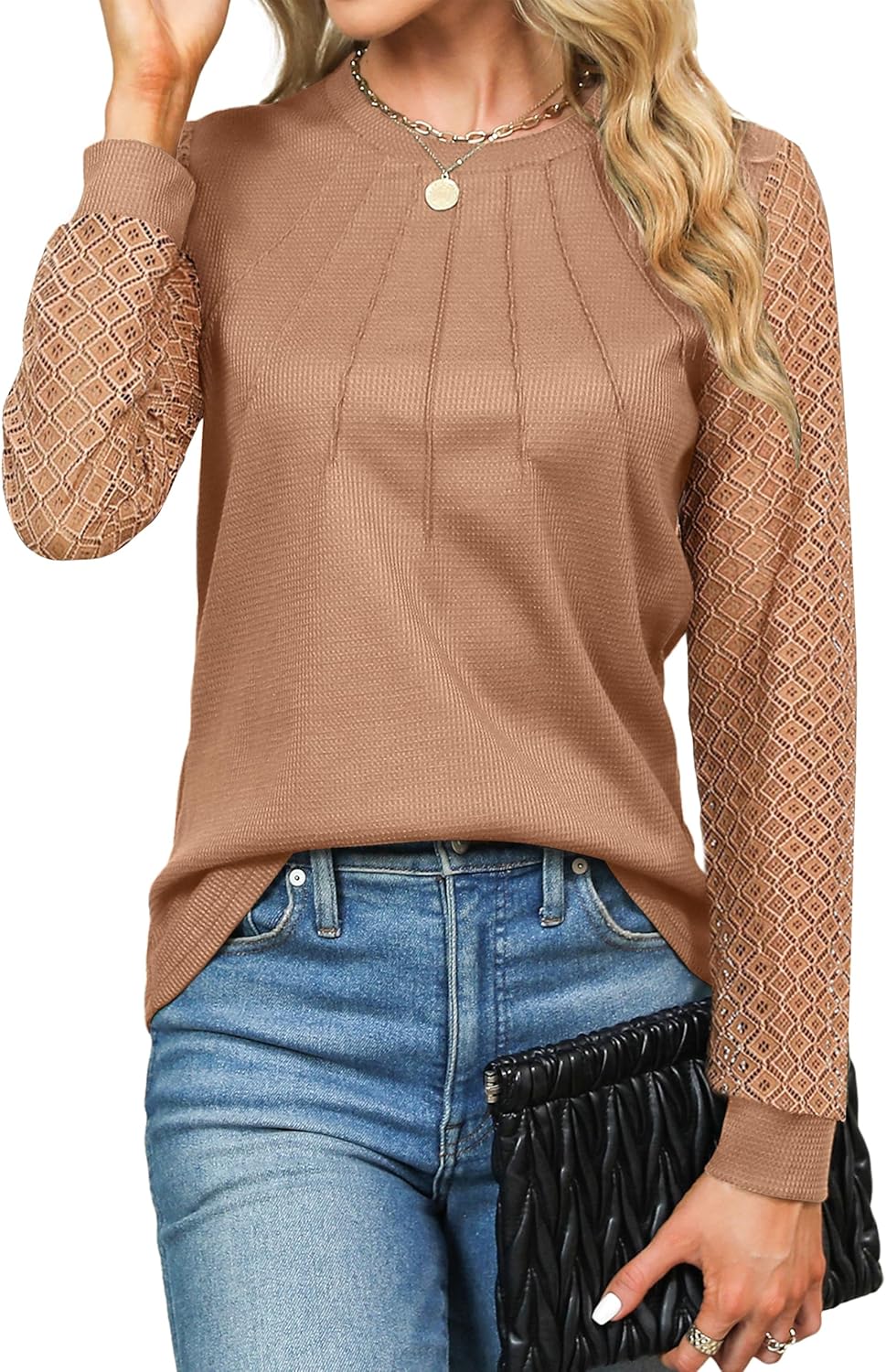 Women's Dressy Casual Lace Long Sleeve Knit Tops Shirts