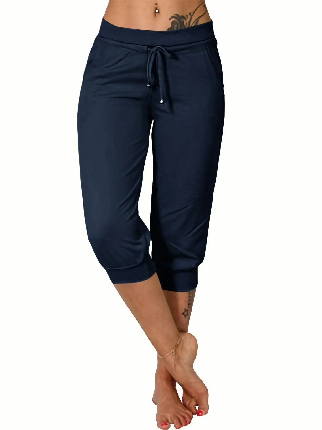 Women's Plain Drawstring Waist Capris Pants With Pockets