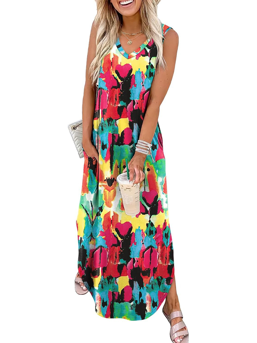 Women's Summer Boho Print V Neck Split Tank Long Dress with Pockets