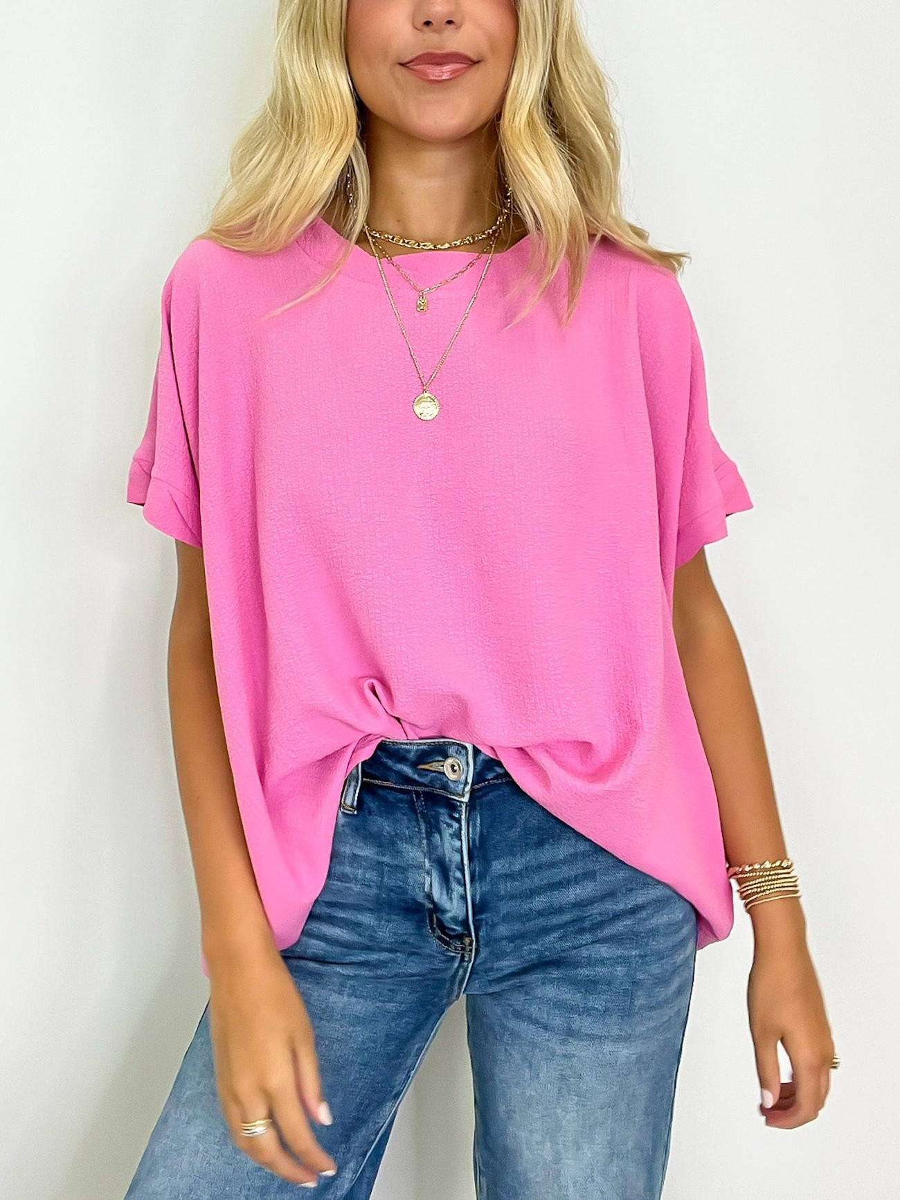 Women's Polygonal Collar Flowy Waved cuffs Short Sleeve Top