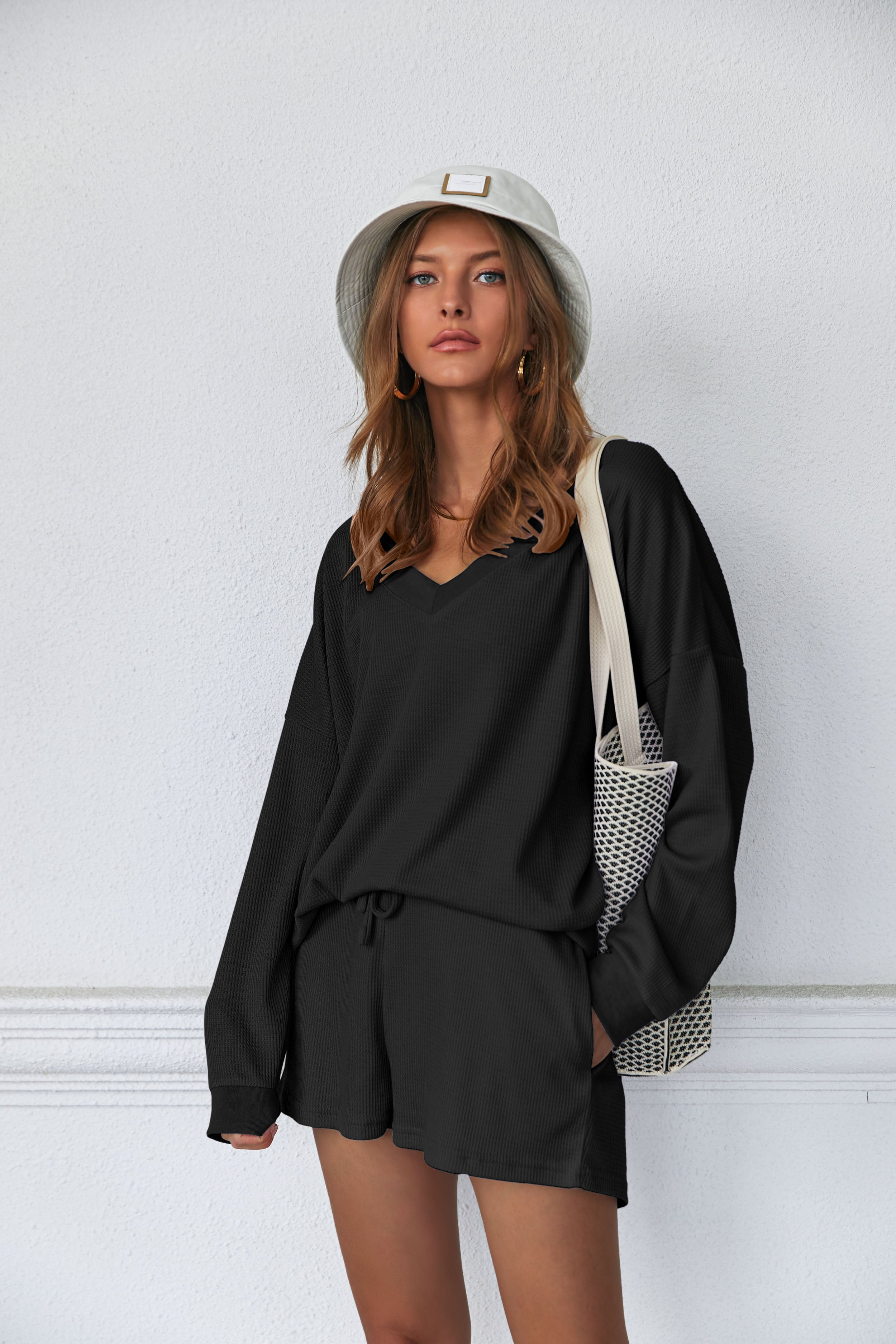 Womens Pajama Set Waffle Knit Lounge Set V Neck Off Shoulder Sleepwear