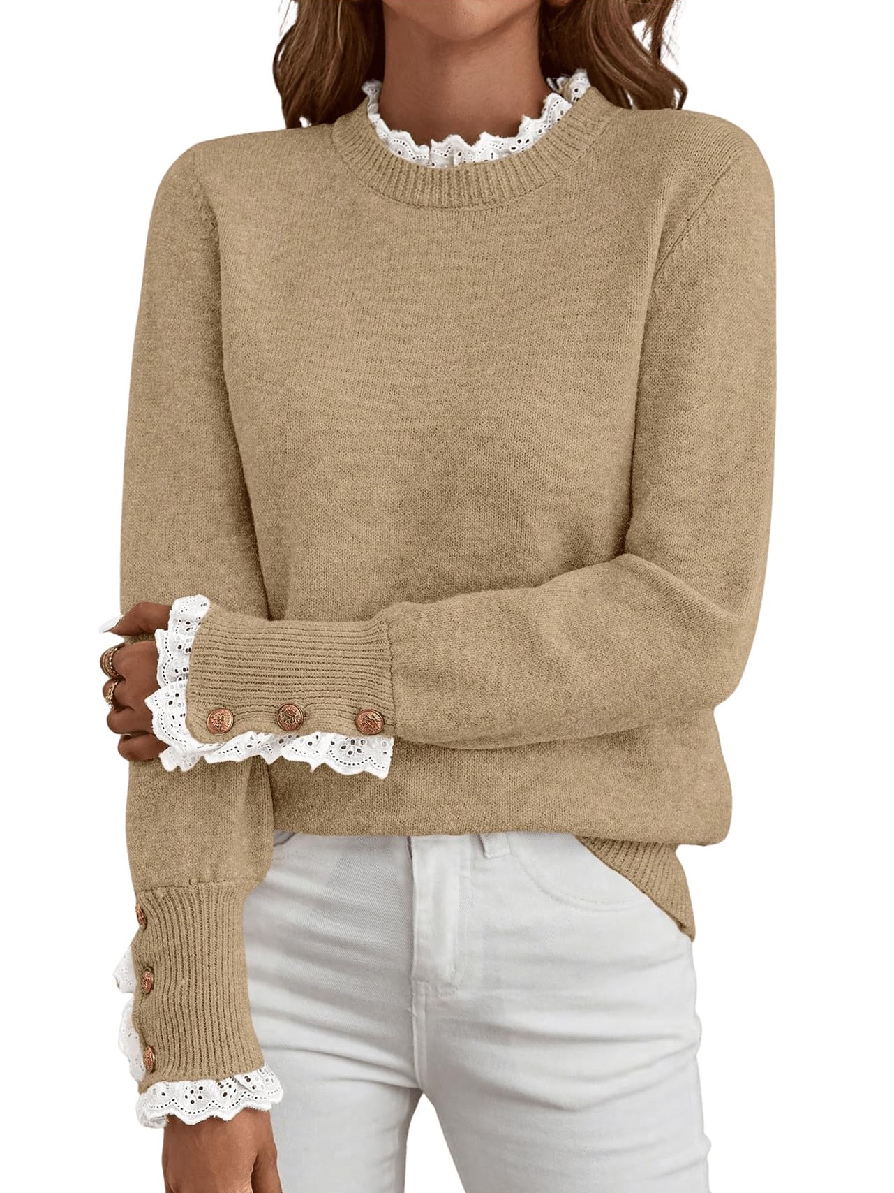 Women's Long Sleeve Knitted Button Lace Trim Sweater