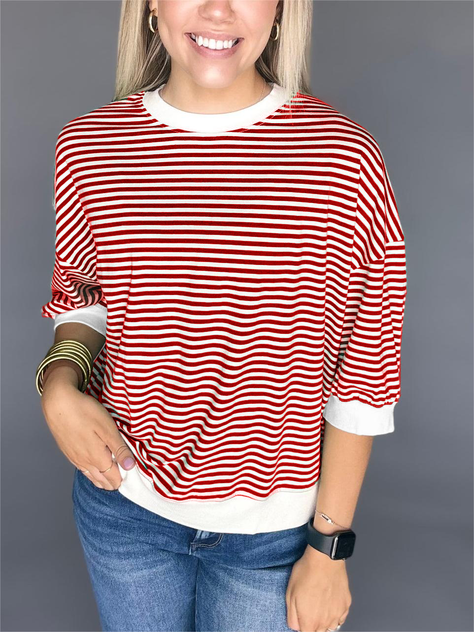 Women's Casual Crew Neck Stripe Short Sleeve Top🔥Buy 2 Free Shipping