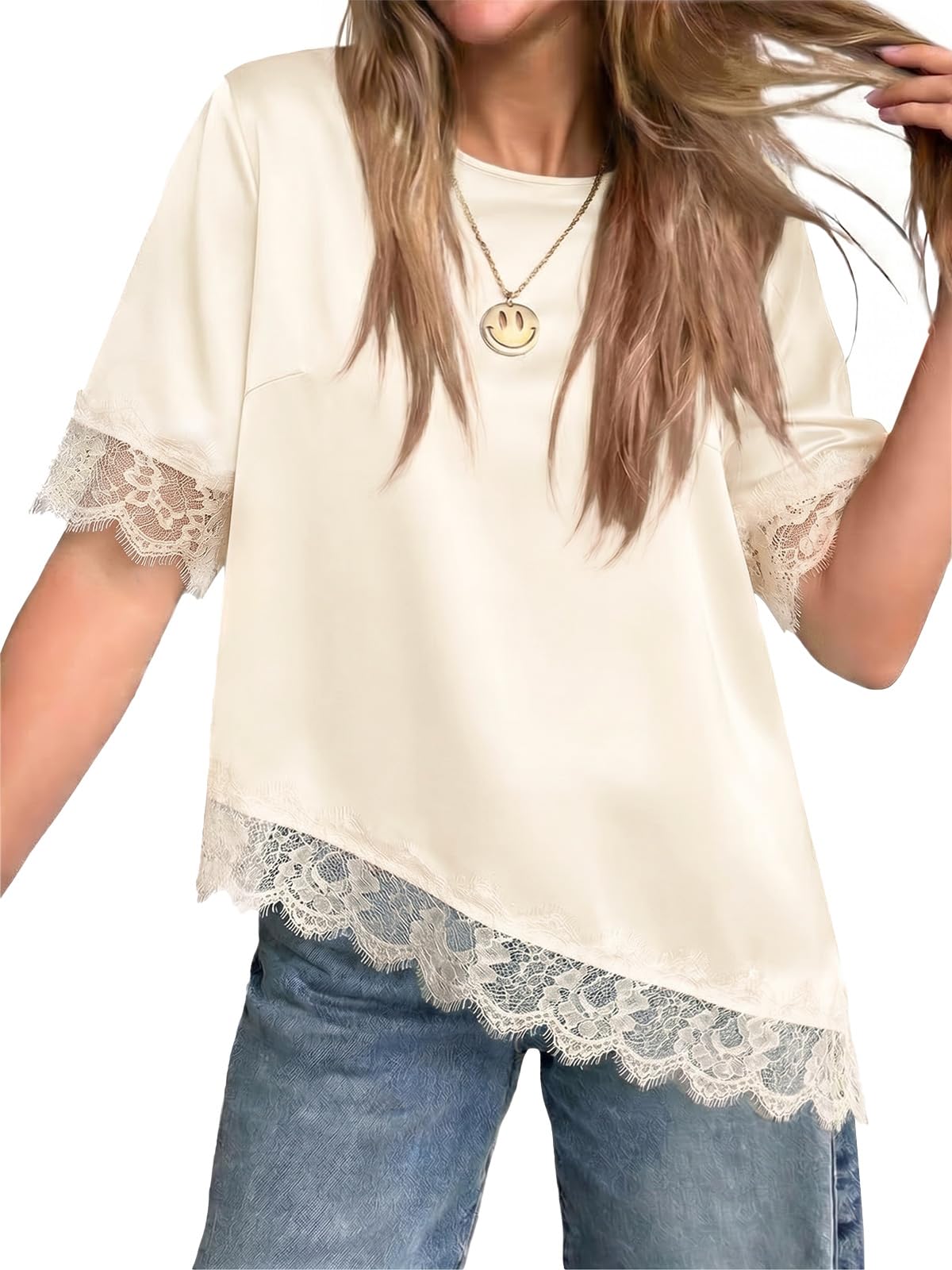 Women's Satin Short Sleeve Lace Trim Asymmetrical Blouse Tops