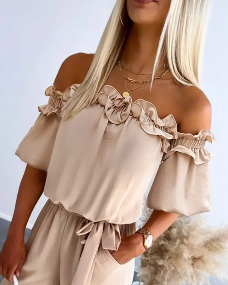 HOT SALE Women's Off Shoulder Frill Hem Tied Detail Jumpsuit