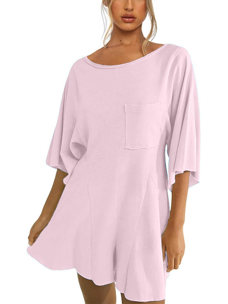 Women's Short Sleeve Loose Ruffled Short Romper Dress with Pocket