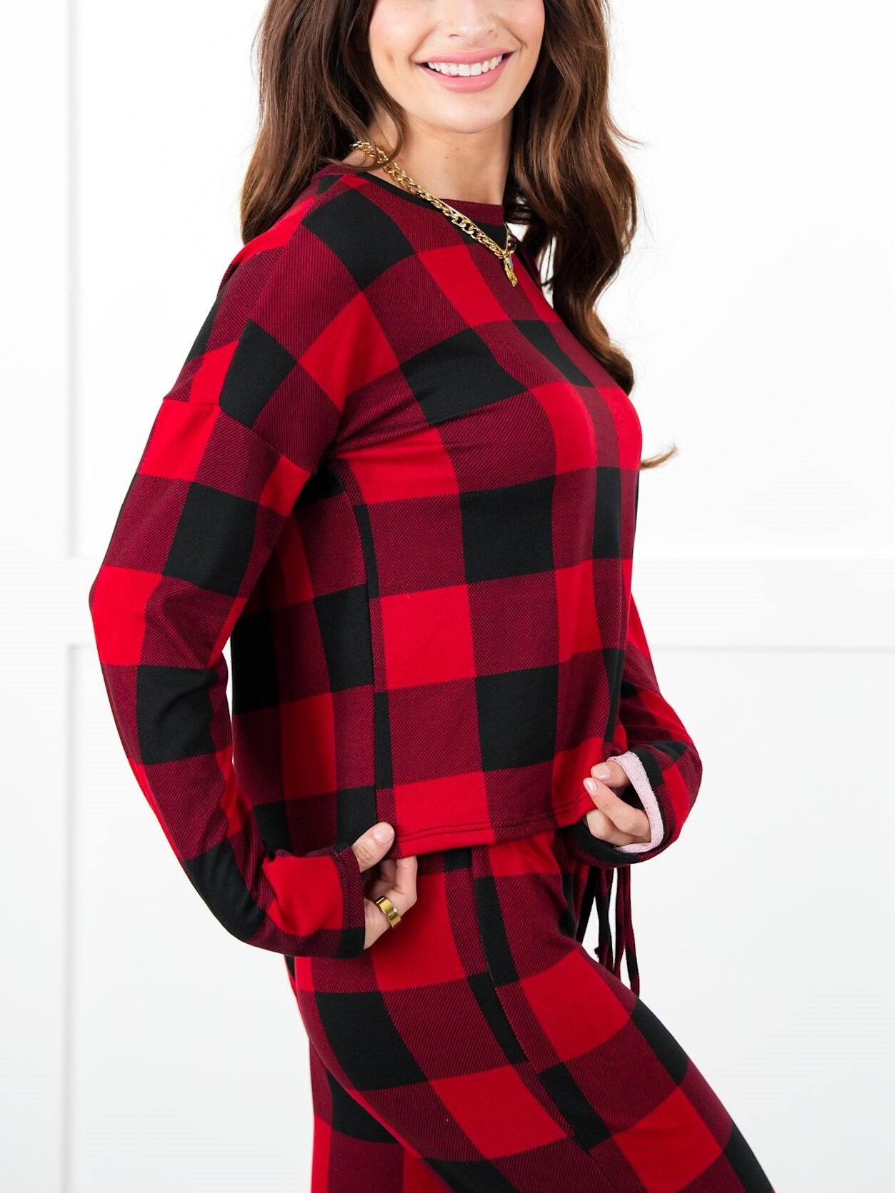 Christmas Plaid Long Sleeve Round Neck Elasic Pants Casual Pajama Set