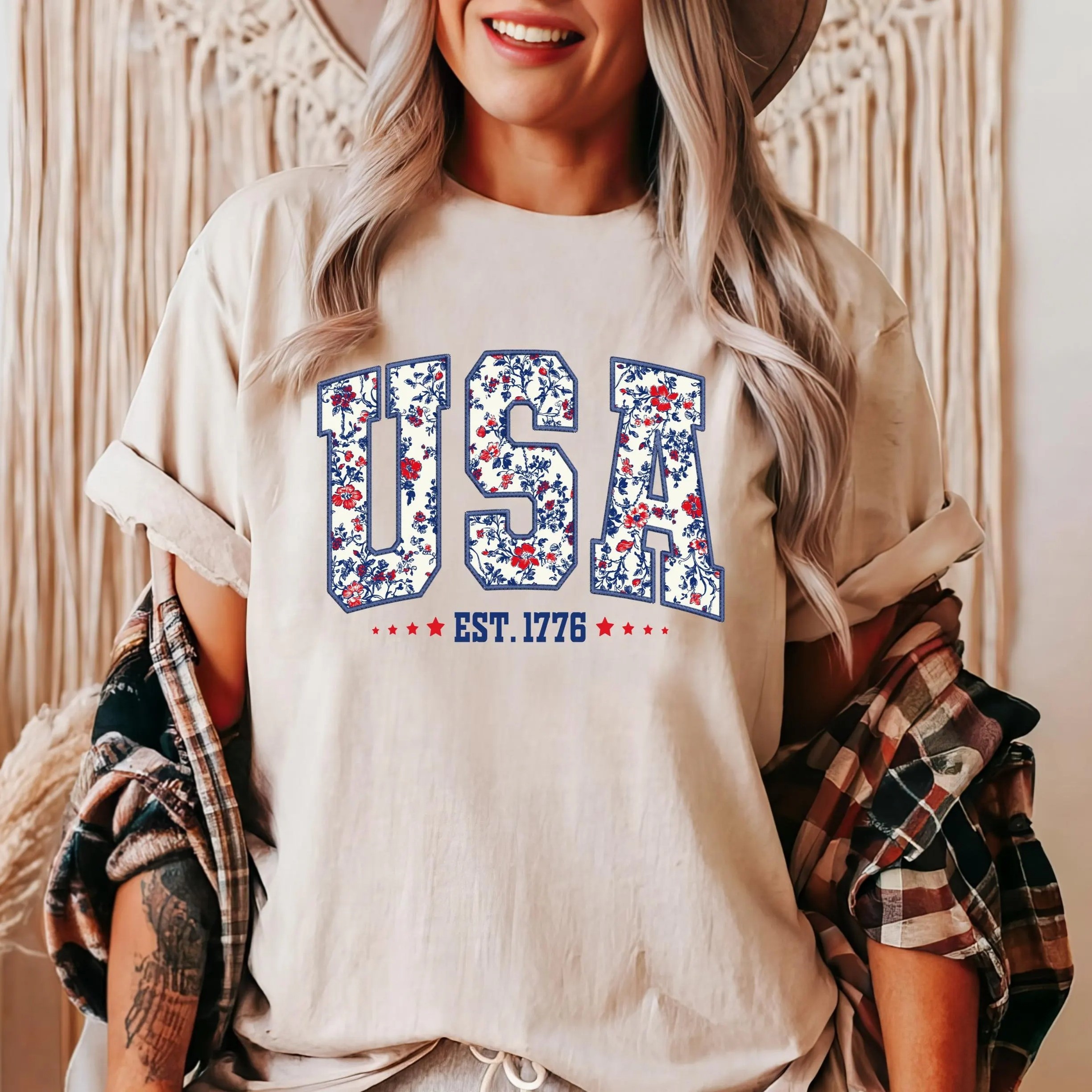 Women's Patriotic Floral USA Graphic Tee, Independence Day Shirt