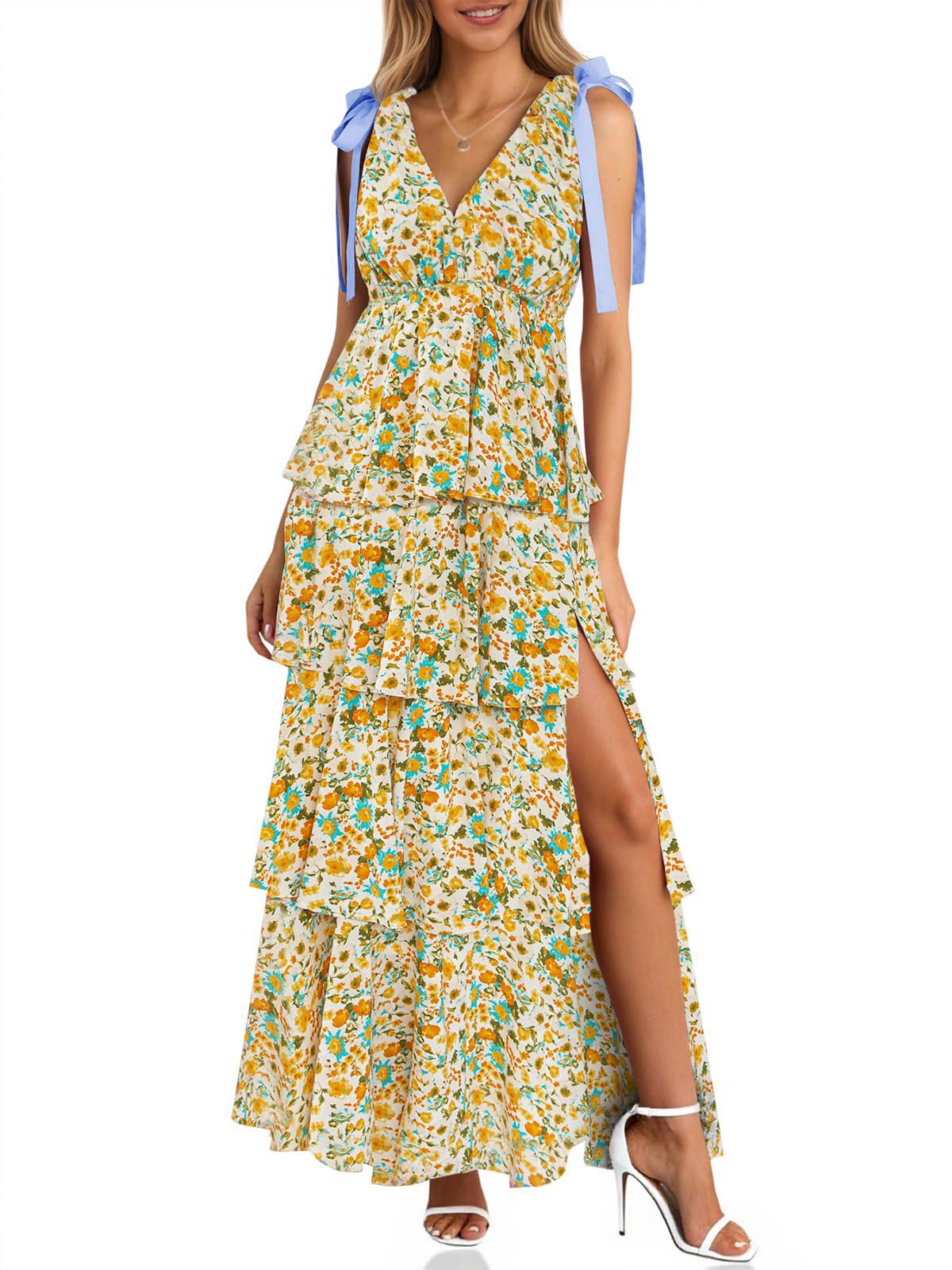 Women's Boho Floral Tie Strap V Neck Ruffle Tiered Maxi Dress