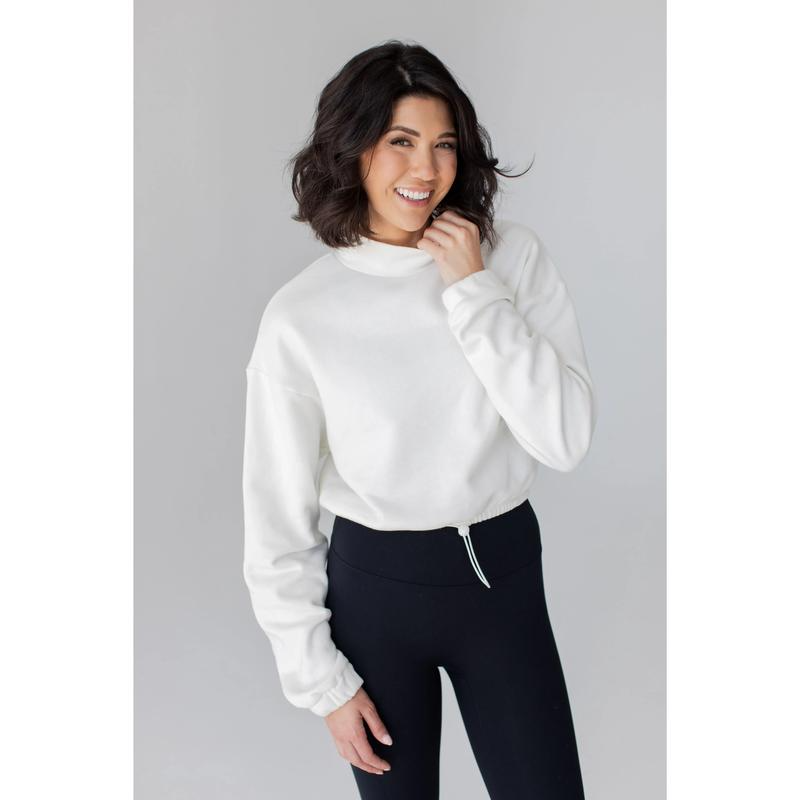 Women's Mock Neck Cropped Sweatshirt – Cozy Drawstring-Waist Pullover for Casual Daily Wear
