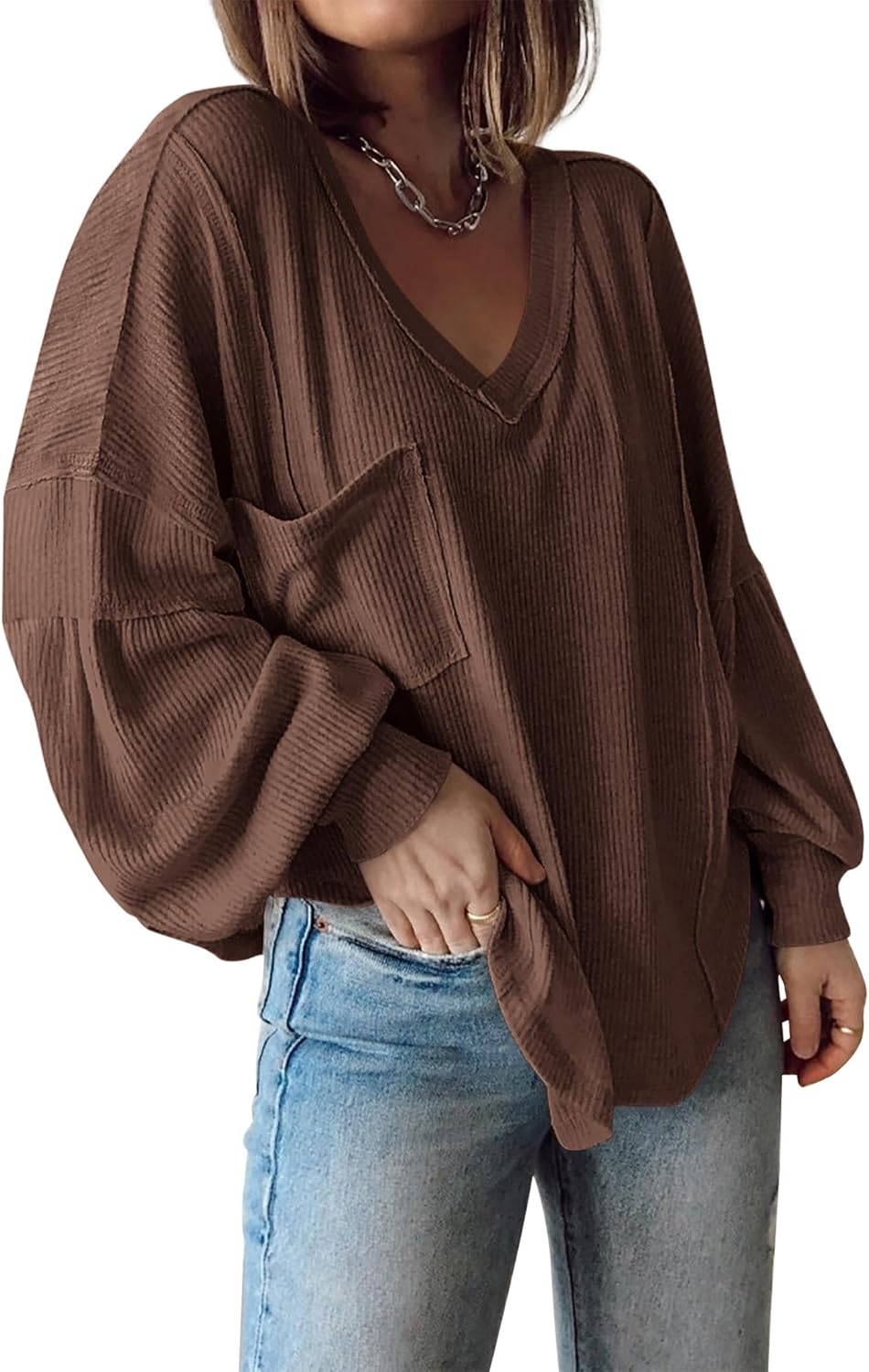 Women's Casual V Neck Loose Lantern Long Sleeve Pullover Tops 