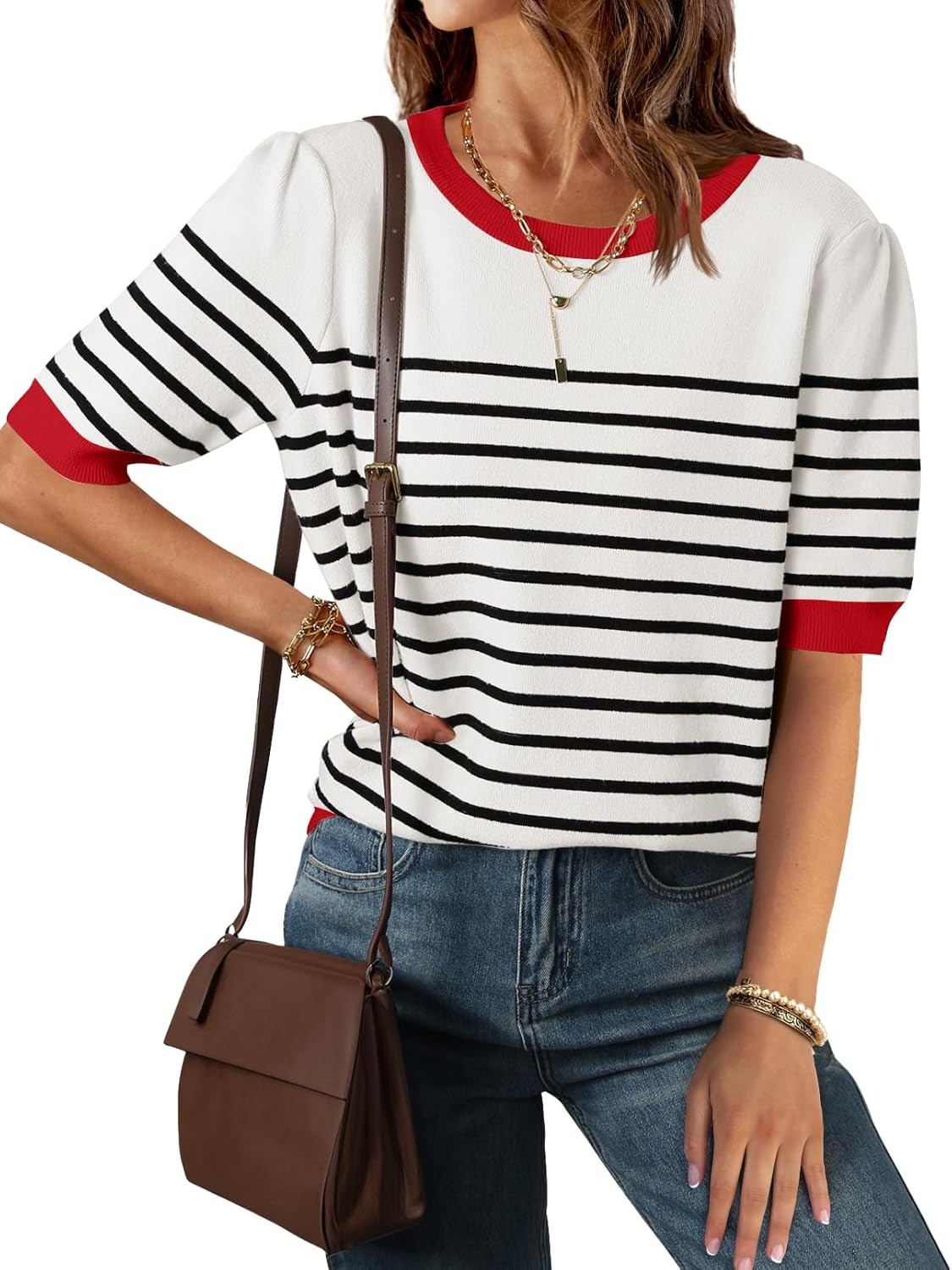 Women's Casual Striped Puff Sleeve Knit T-Shirts Top