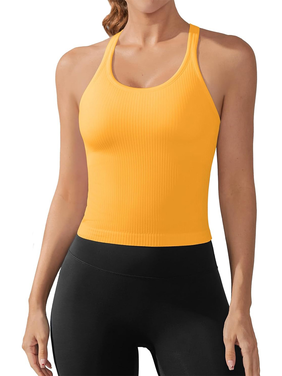 Women's Ribbed Workout Crop Racerback Tank Tops with Built in Bra