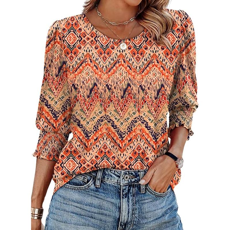 Women Dressy Casual 3/4 Length Sleeve Womens Tops with Smocked Cuffs