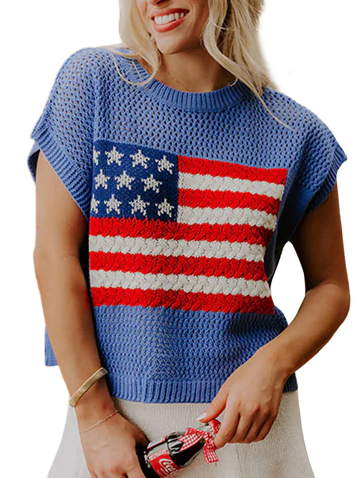 Flag Graphic Short Sleeve Hollow Out Top