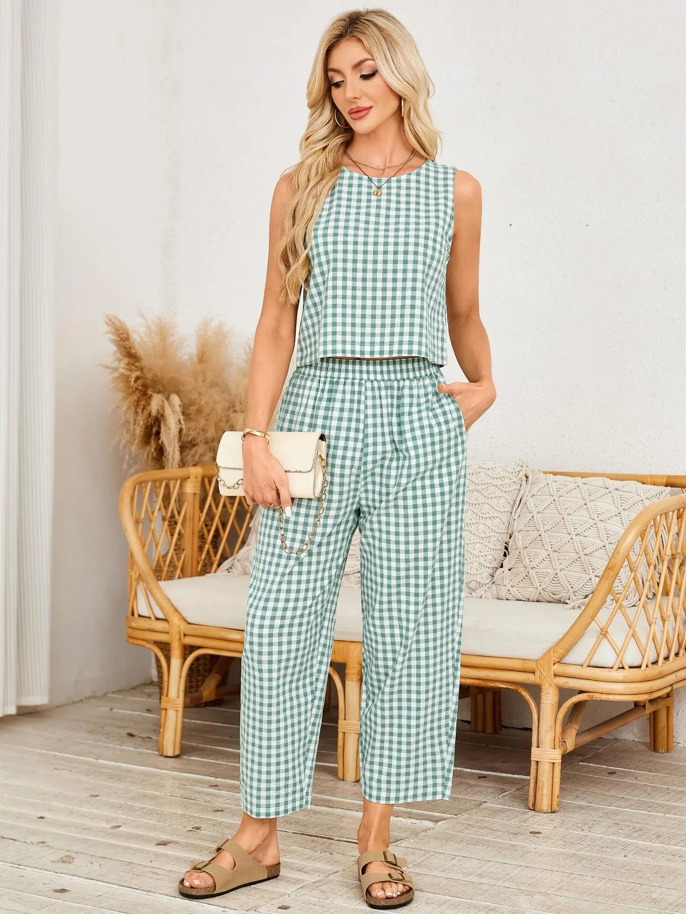 Women's Gingham Sleeveless Tank Top & Barrel Pants Set (BUY 2 FREE SHIPPING)