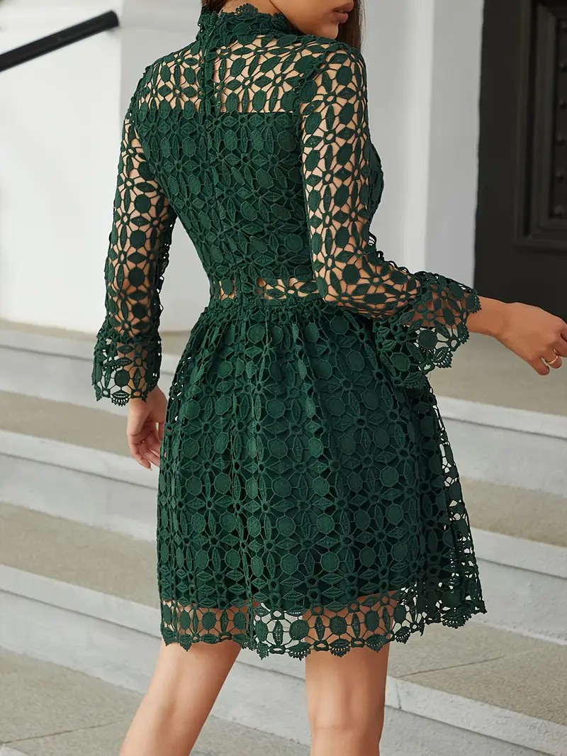 Women's Stand Collar Lace Hollow-Out Floral Pattern Dress