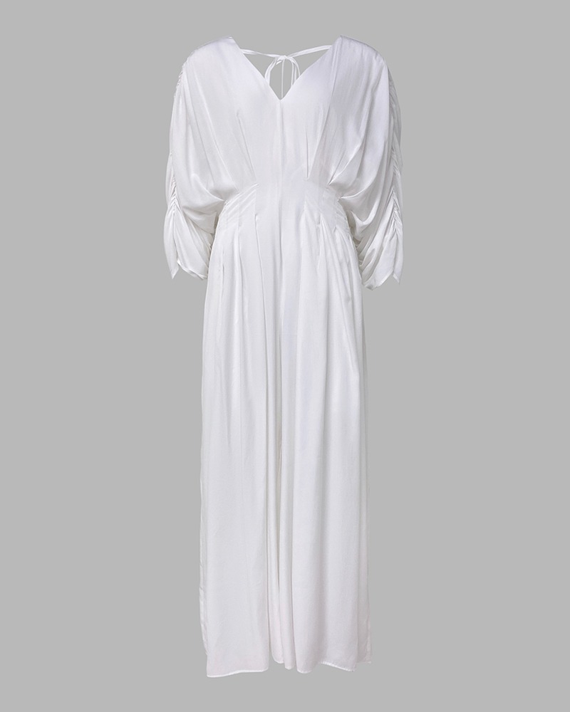 Women's Casual V-Neck Half Sleeve Ruched Jumpsuit