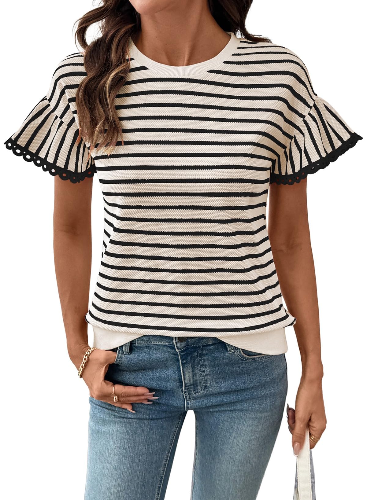 Women's Knit Striped Color Block Ruffled Short Sleeve Top