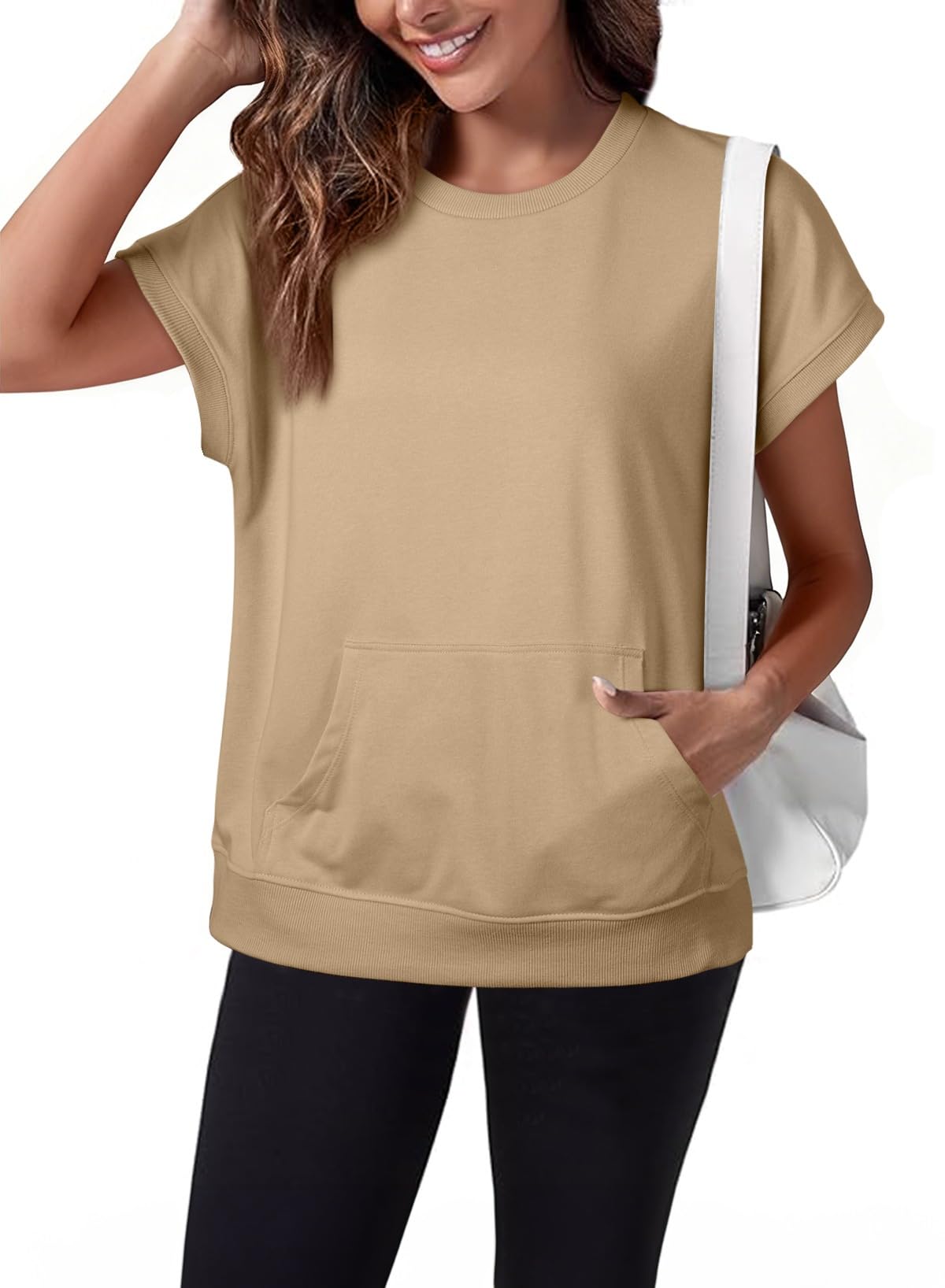 Women's Casual Round Neck Loose Fit Top with Kangaroo Pocket