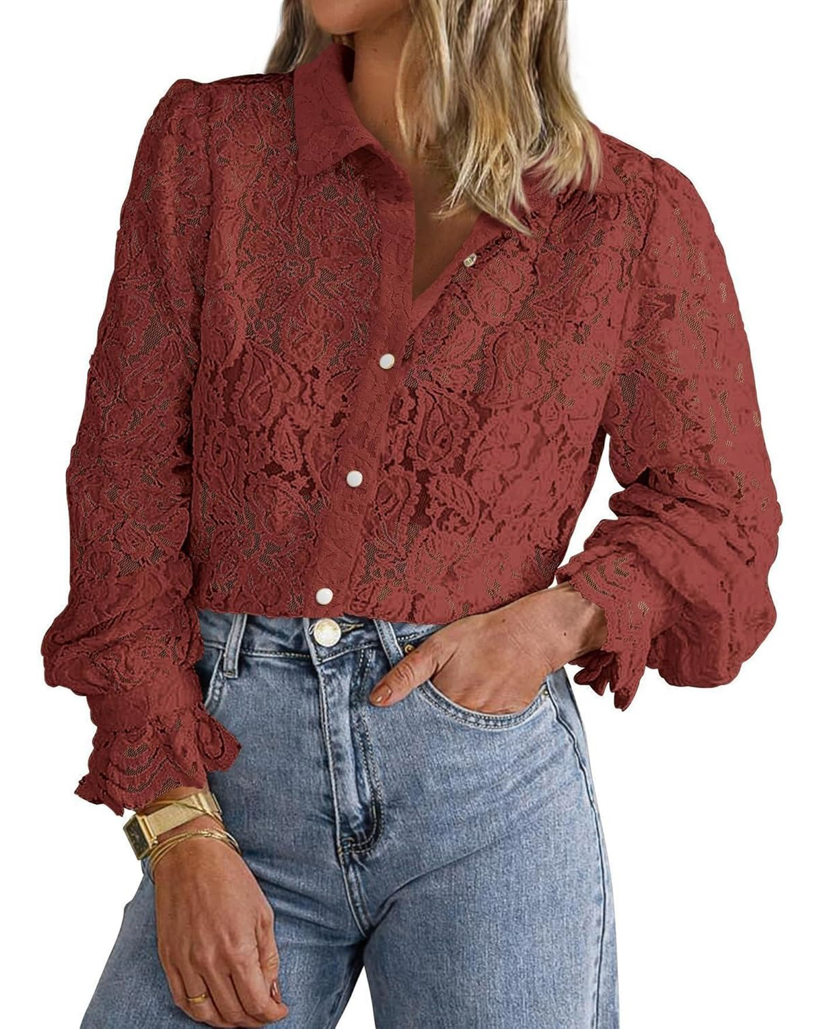 Women's Casual Dressy Lace Button Down Long Sleeve Shirts