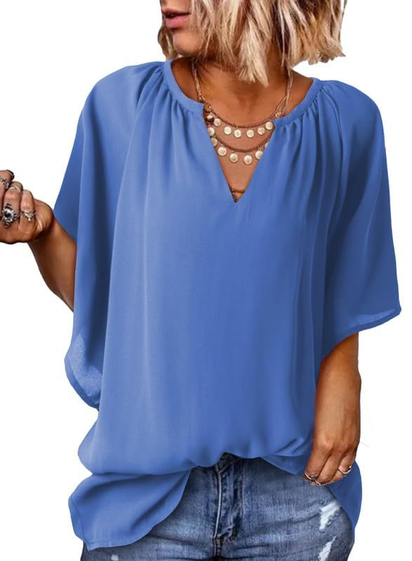 New Women's V Neck 3/4 Batwing Sleeve Blouse Pleated Flowy Tunic Tops(Buy 3 Free Shipping)