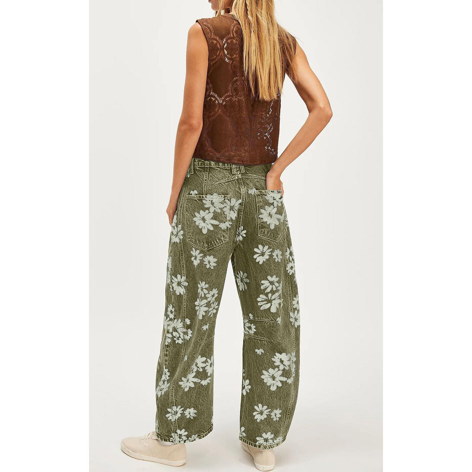 Women's Mid-rise Floral Print Cropped Loose Wide-leg Jeans