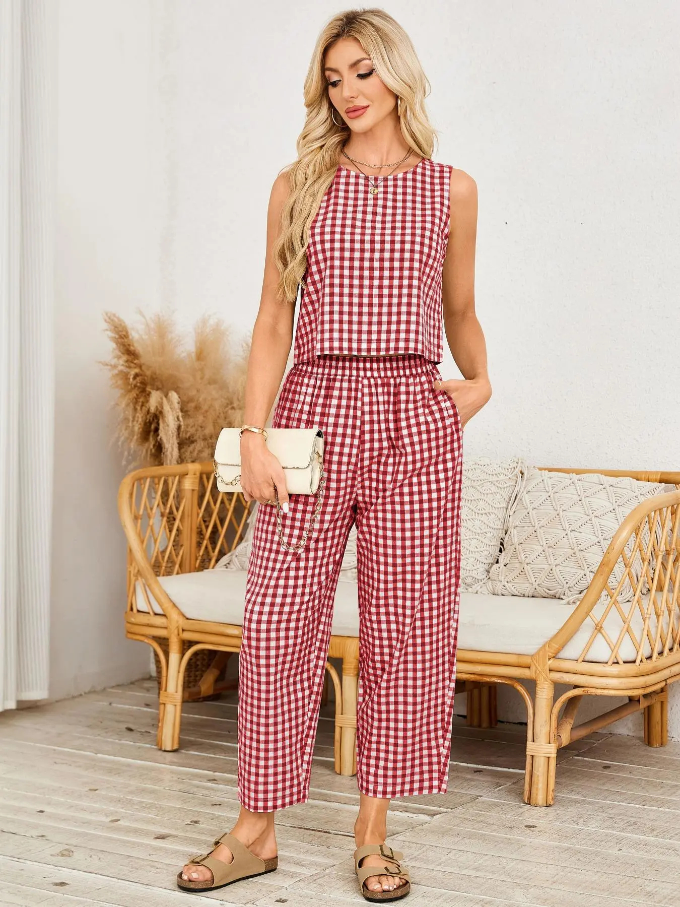 Women's Gingham Sleeveless Tank Top & Barrel Pants Set (BUY 2 FREE SHIPPING)